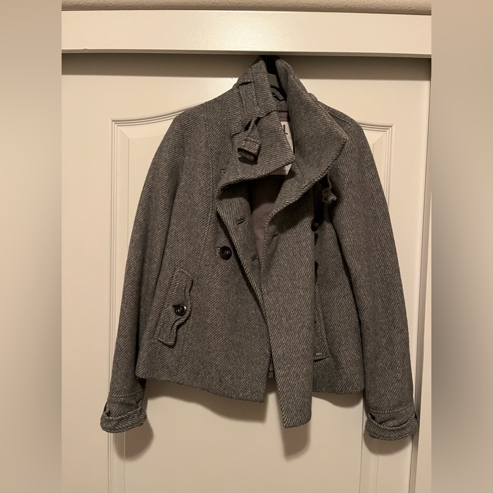 Gray wool blend Ruehl No. 925 swing coat.  XS, double breasted, lined, details